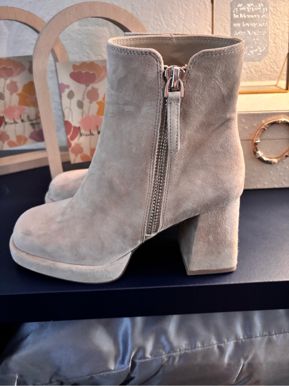 Steve Madden Taupe Suede Side-Zip Block Heel Ankle Boots